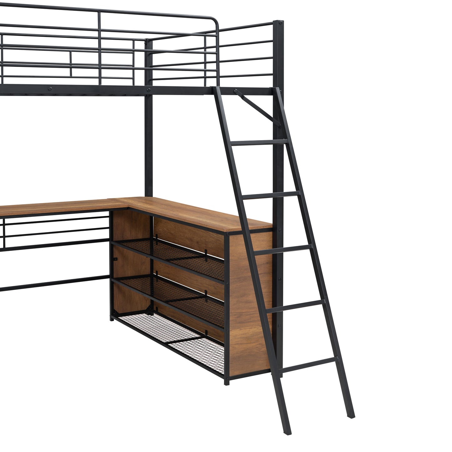 Full Size Loft Bed With 3 Layers Of Shelves And L-Shaped Desk - Black