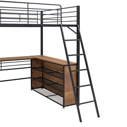 Full Size Loft Bed With 3 Layers Of Shelves And L-Shaped Desk - Black