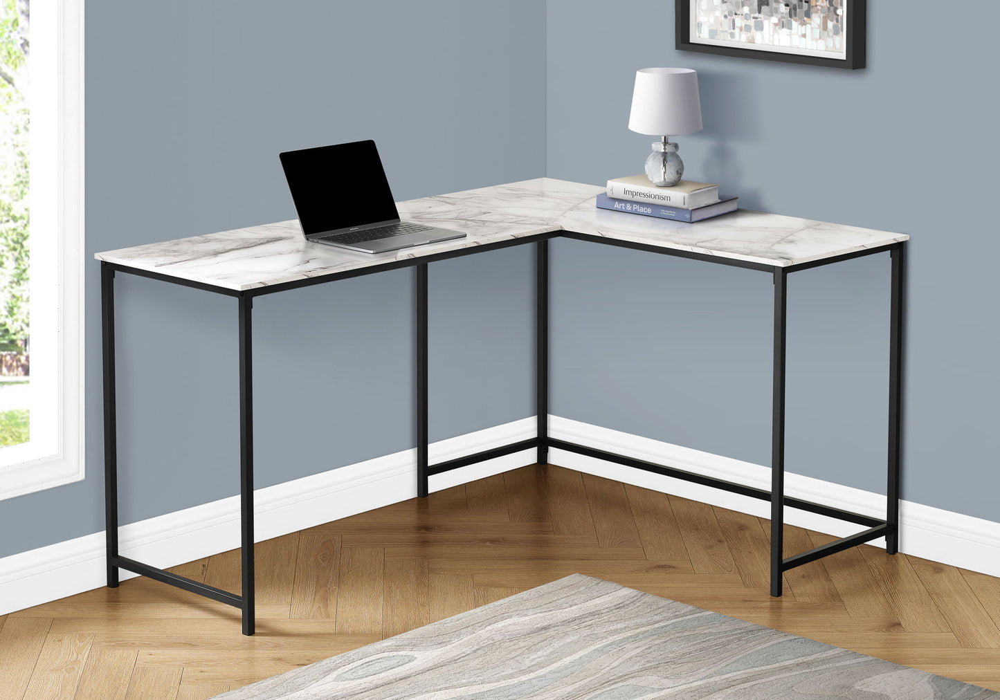 Computer Desk, Home Office, Corner, L Shape, Laptop, Contemporary And Modern - White Marble