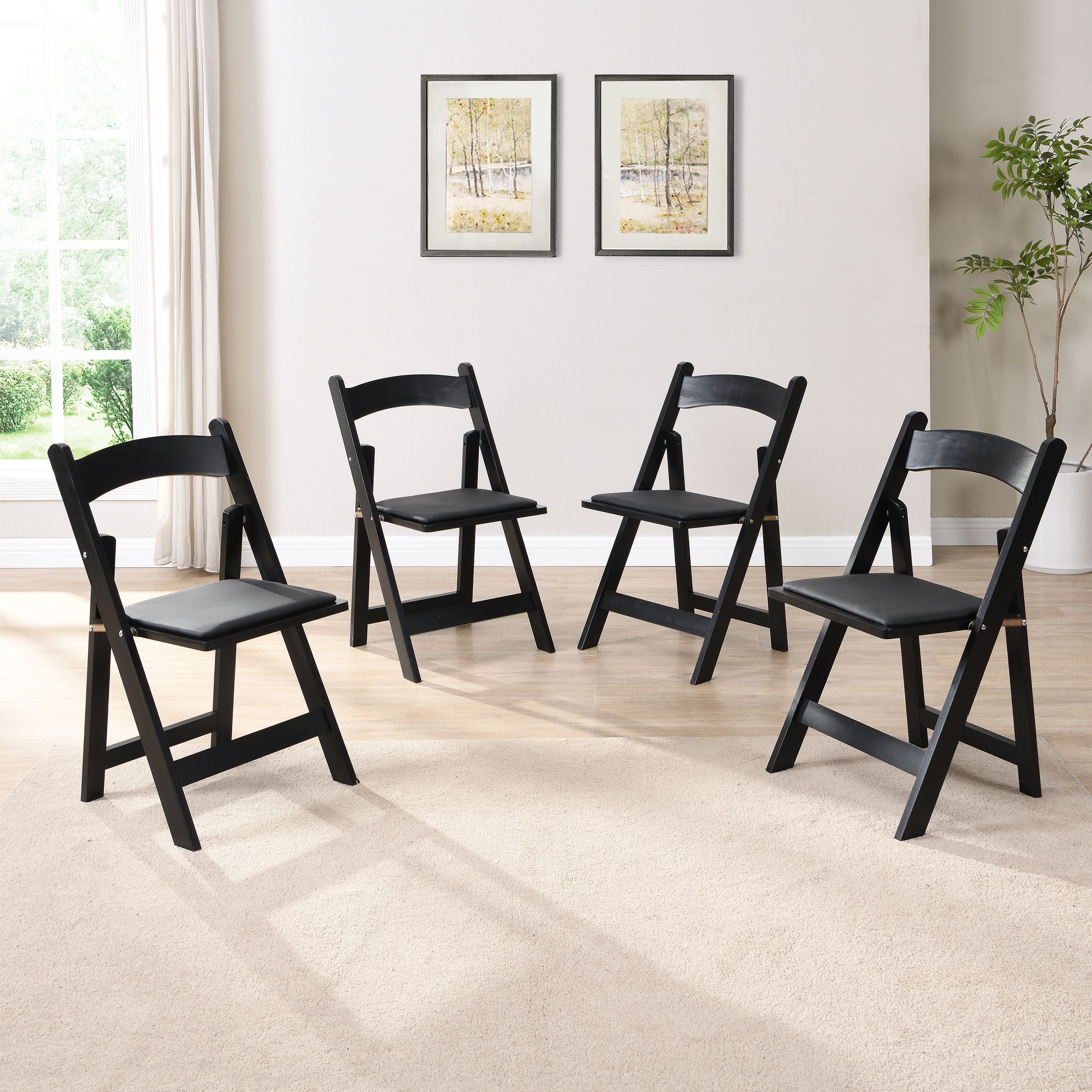 Solid Wood Upholstered Folding Chair Set, Space - Saving, Easy To Carry, Cushion, Dining Room (Set of 4) - Black