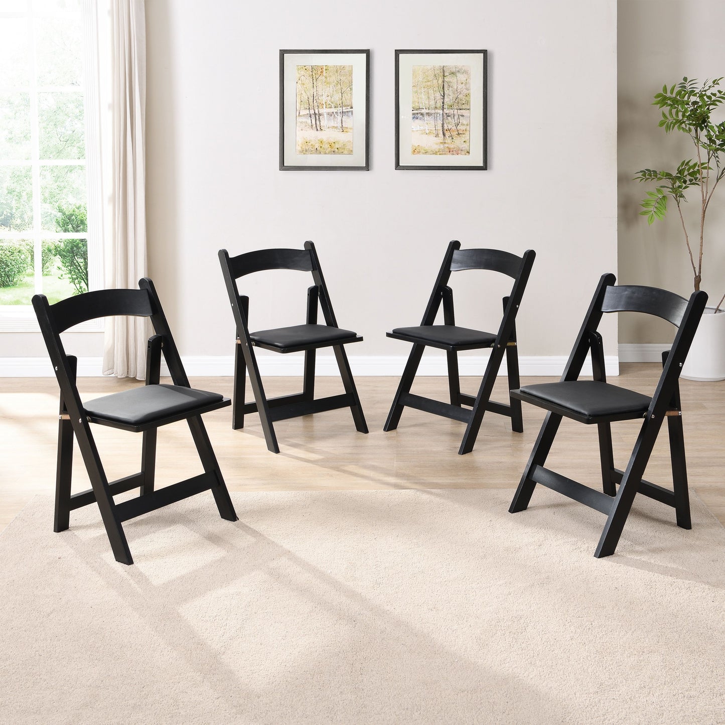 Solid Wood Upholstered Folding Chair Set, Space - Saving, Easy To Carry, Cushion, Dining Room (Set of 4) - Black