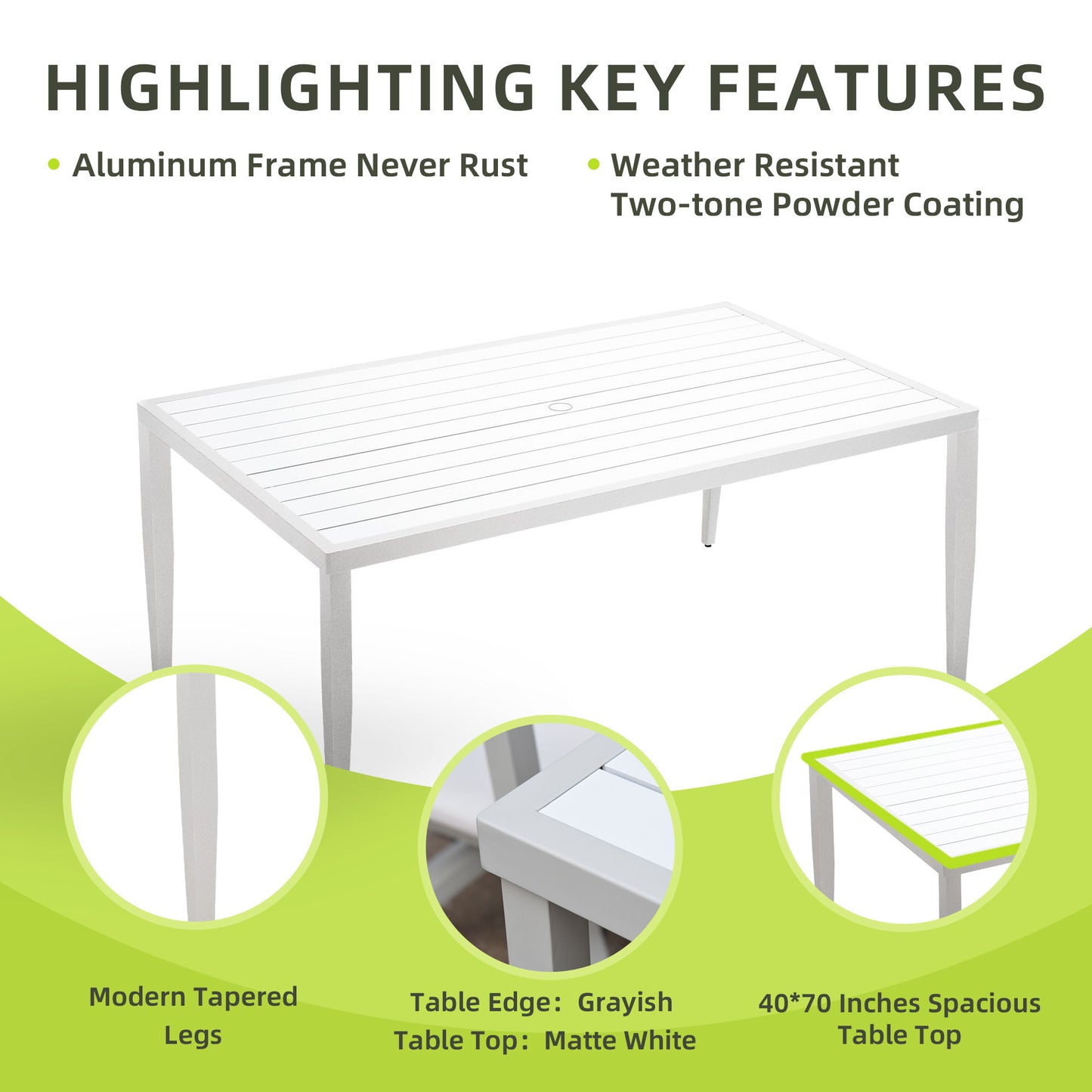Outdoor Patio 2 Tone Table Top Rectangle Dining Table With Tapered Feet & Umbrella Hole - Matte White / Grayish