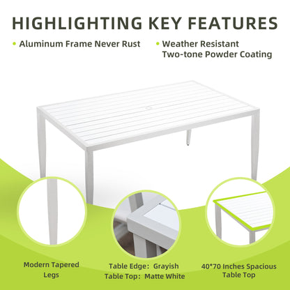 Outdoor Patio 2 Tone Table Top Rectangle Dining Table With Tapered Feet & Umbrella Hole - Matte White / Grayish