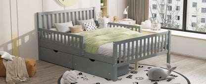 Full Size Platform Bed With Guardrails On Both Sides And 2 Storage Drawers - Gray