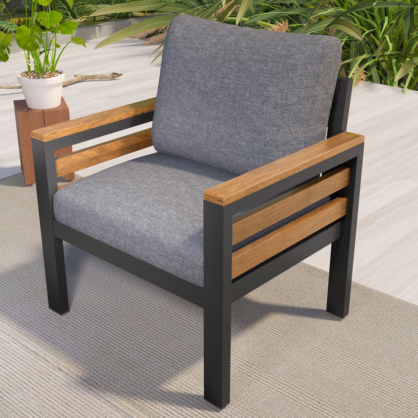4 Piece Outdoor Furniture Sofa Set For 5 People With Acacia Wood Armrests, Patio Conversation Set With Removable Cushion And Solid Wood Coffee Table For Garden And Backyard - Gray