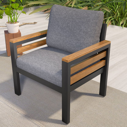 4 Piece Outdoor Furniture Sofa Set For 5 People With Acacia Wood Armrests, Patio Conversation Set With Removable Cushion And Solid Wood Coffee Table For Garden And Backyard - Gray