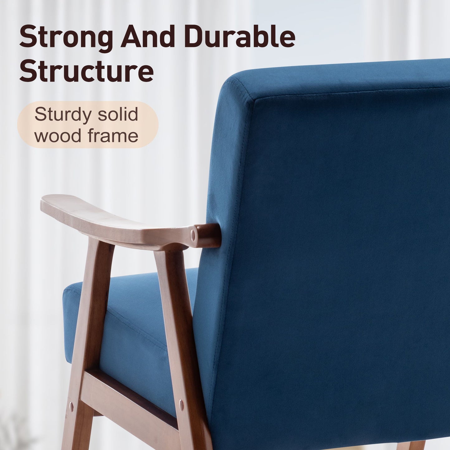 Mid Century Modern Wingback Accent Chair With Solid Wood Frame And Extra Thick Backrest - Lounge Chair For Living Room, Bedroom, Or Reading Room - Blue