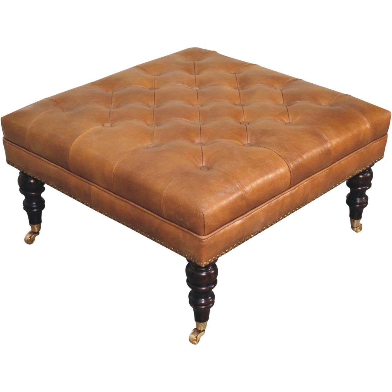 Buffalo - Studded Leather Ottoman With Castor Legs - Tan