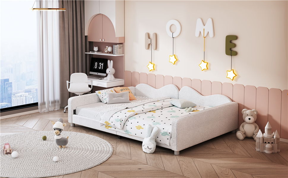 Full Size Upholstered Daybed, Sherpa Fabric Sofabed With Cloud-Shaped Backrest, No Box - Spring Needed - White