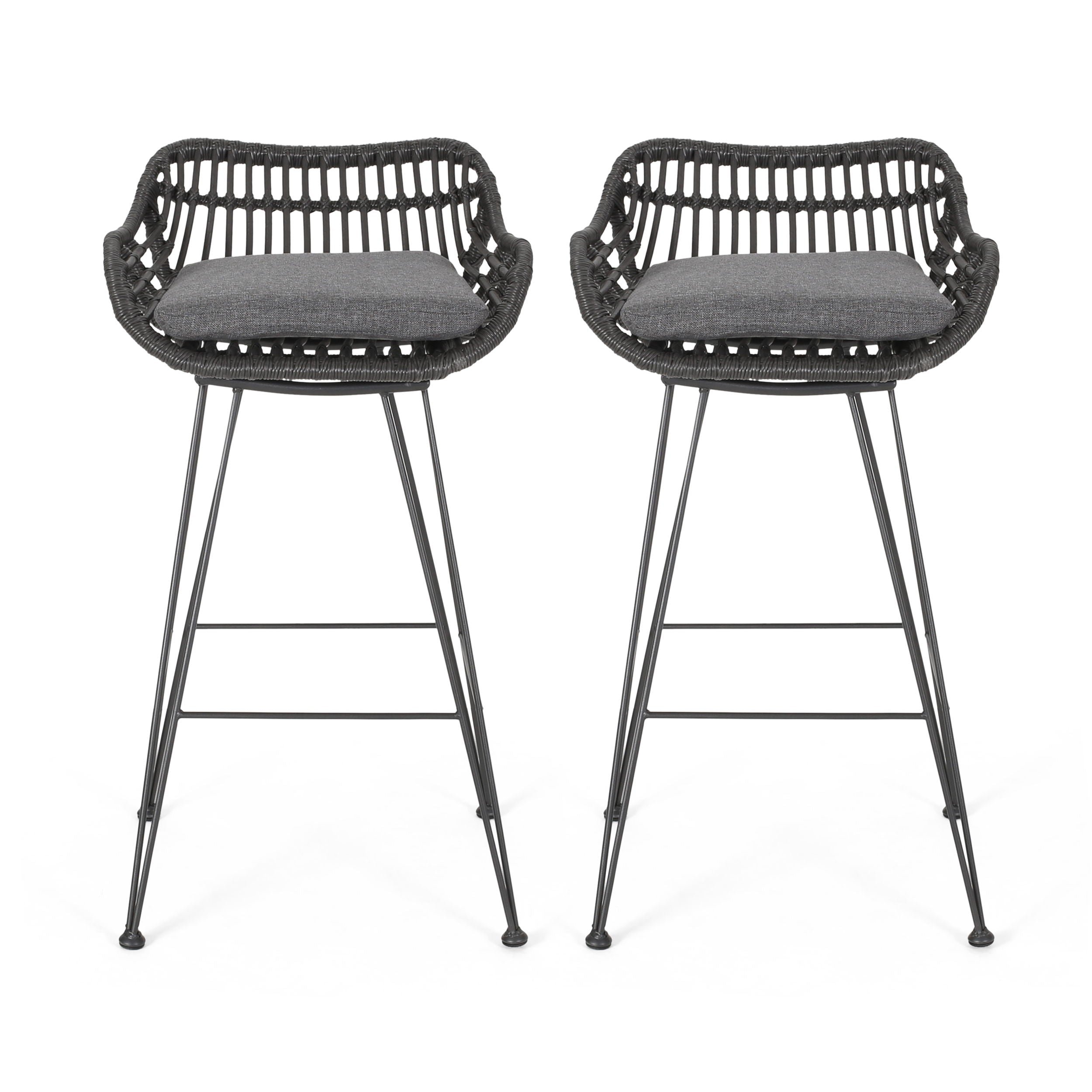 Outdoor Wicker Barstool With Cushions (Set of 2) - Gray