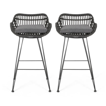Outdoor Wicker Barstool With Cushions (Set of 2) - Gray