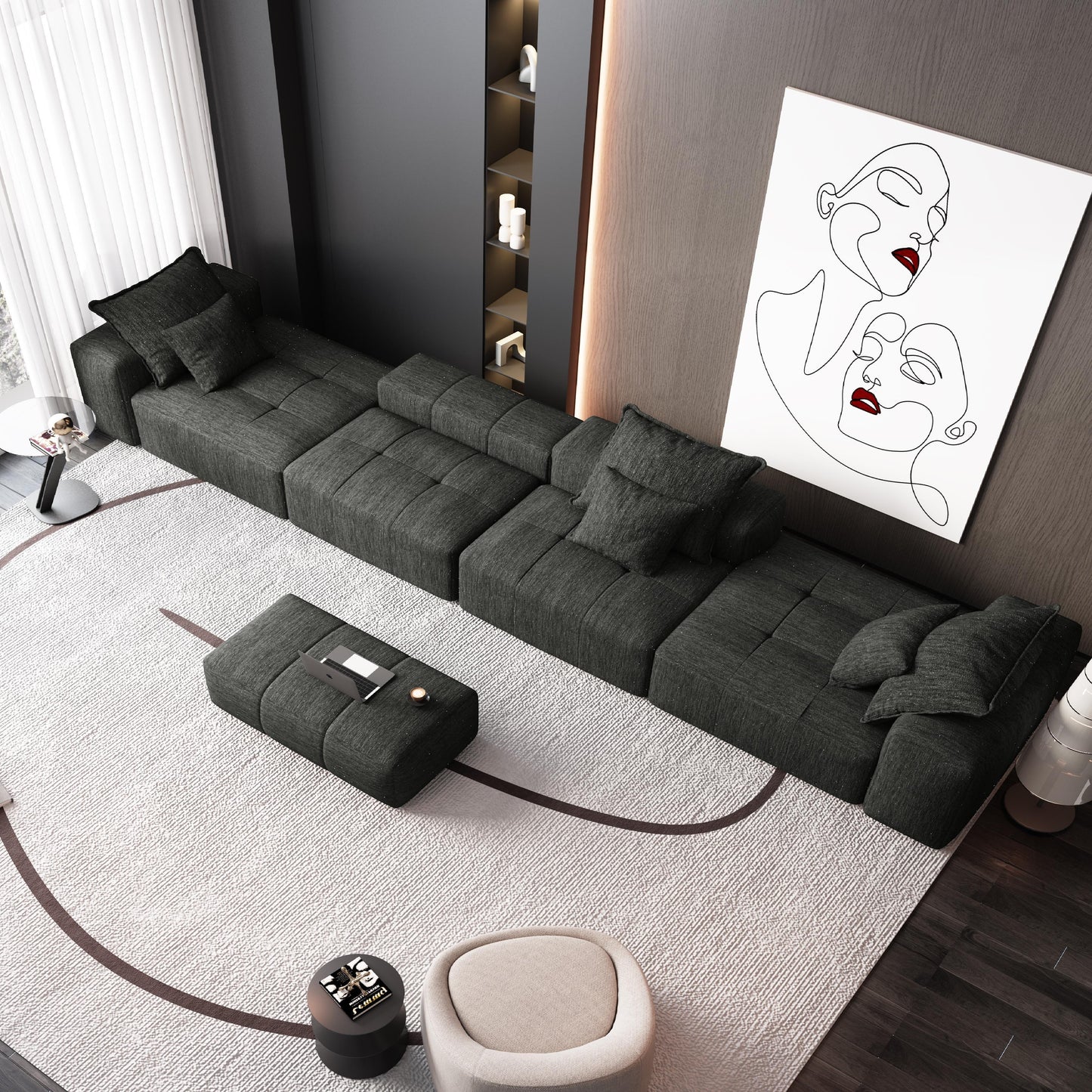Modern Oversized Modular Sectional Sofa, Sparkling Fabric Soft Cushion Sofa With 6 Pillows, 6 Pieces Diy Combination Tufted Sofa, No Assembly Required - Black