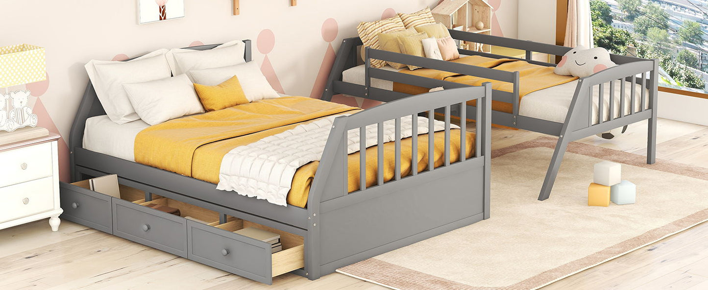 Twin Over Full Bunk Bed With Drawers, Ladder And Storage Staircase - Gray