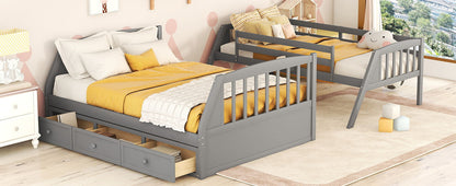 Twin Over Full Bunk Bed With Drawers, Ladder And Storage Staircase - Gray