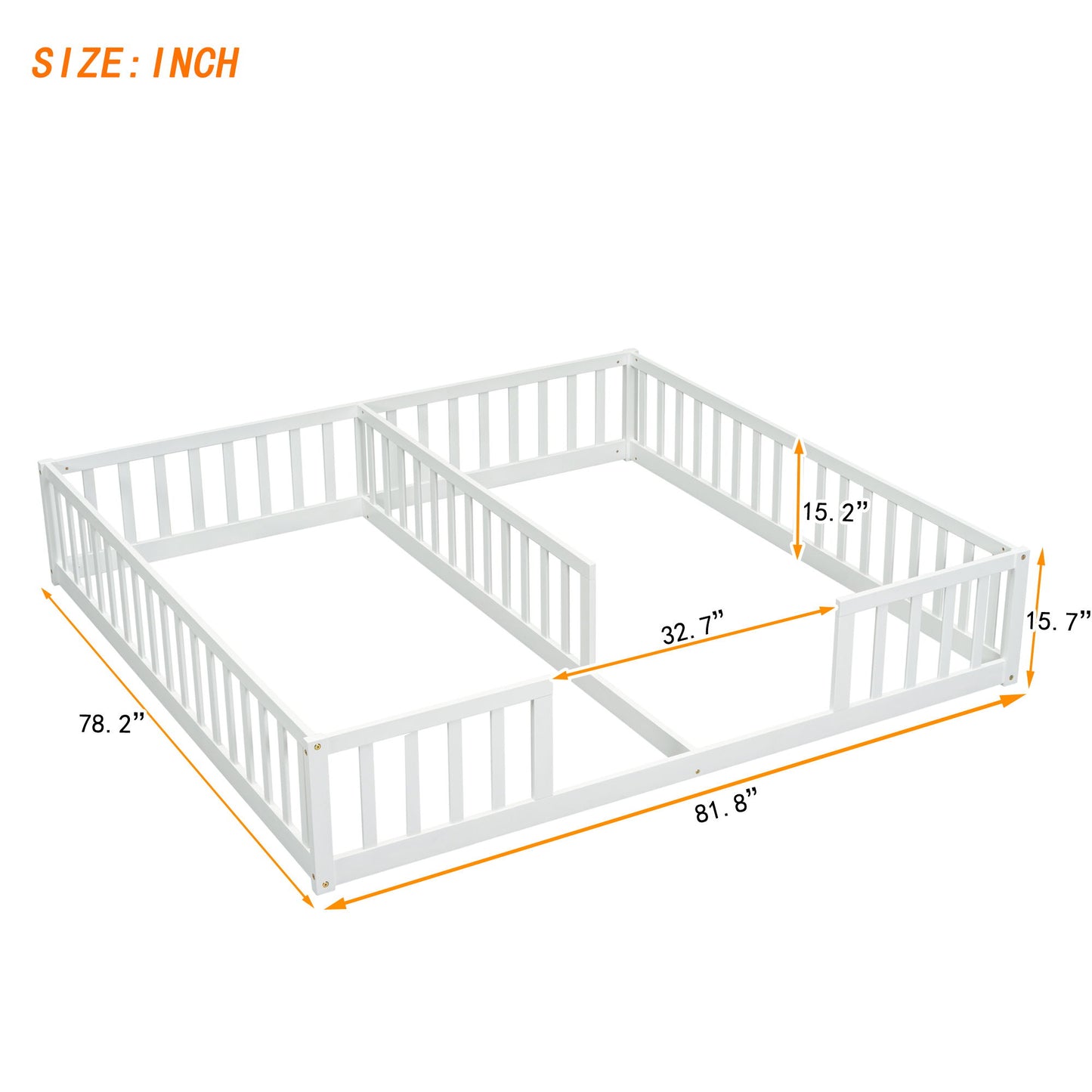 Double Twin Floor Bed With Fence, Guardrails, Without Door - White