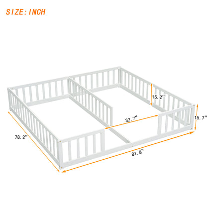 Double Twin Floor Bed With Fence, Guardrails, Without Door - White