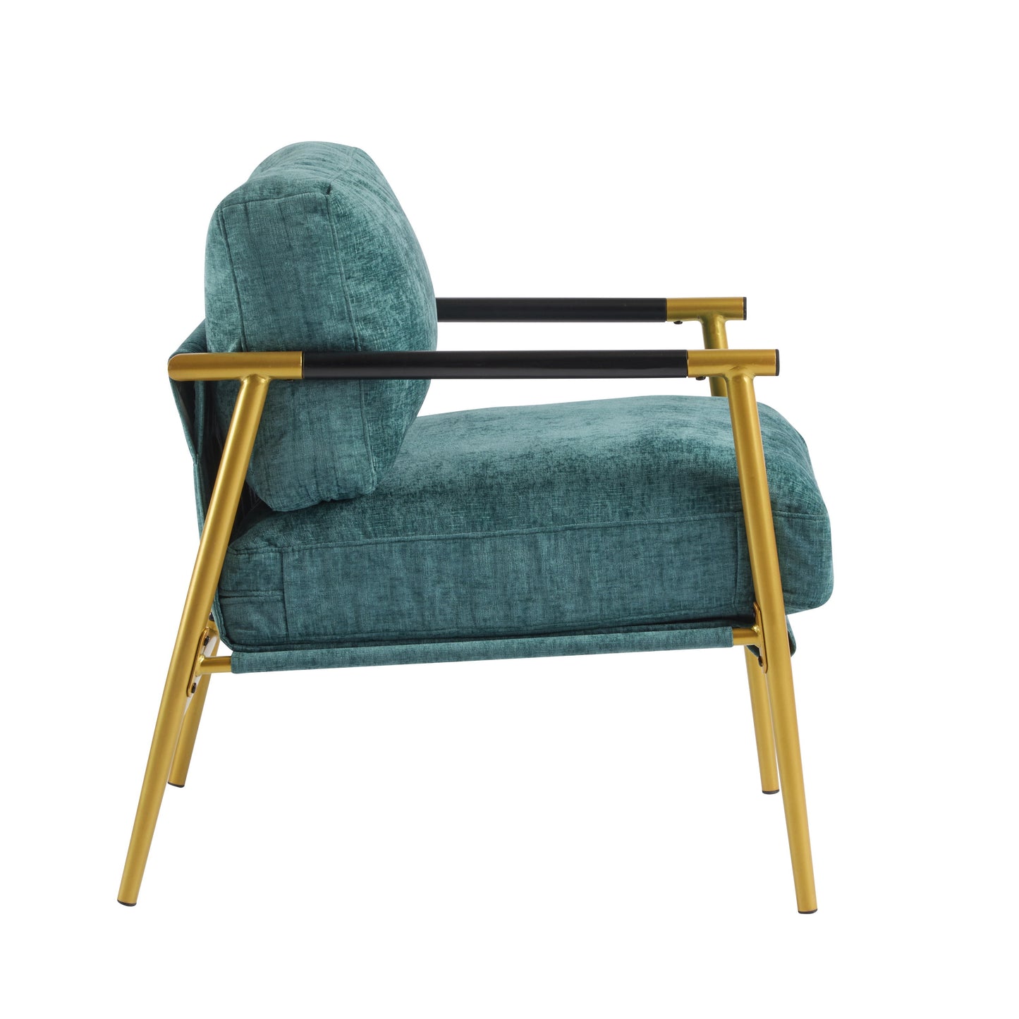 Modern Accent Chair With Plush Cushions, Metal Frame, Wooden Armrests Cozy Seating For Living Room, Bedroom, Office - Gold / Teal Blue