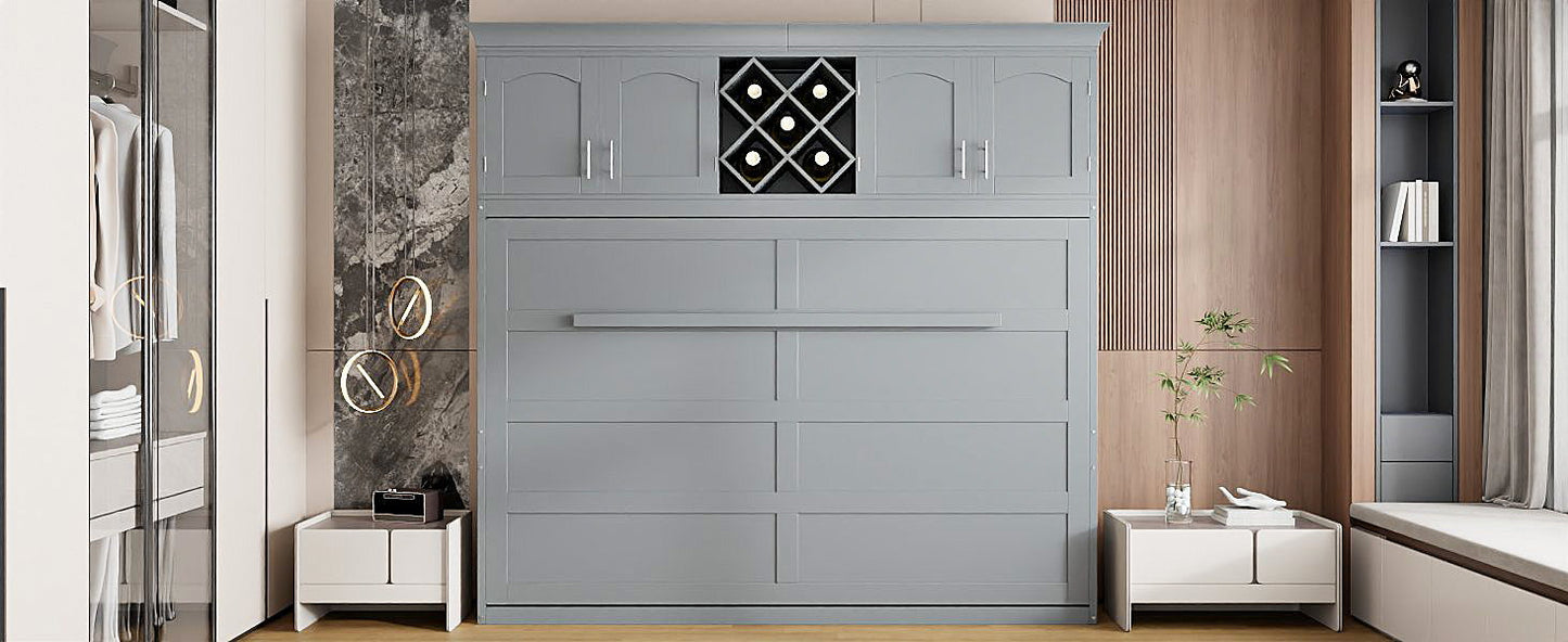 Queen Size Murphy Wall Bed With Top Cabinets & Wine Rack - Gray