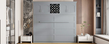 Queen Size Murphy Wall Bed With Top Cabinets & Wine Rack - Gray