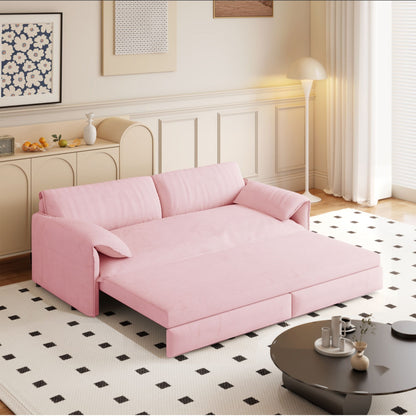 Queen Pull Out Sofa Bed, 3 In 1 Convertible Sleeper Sofa With Side Storage Multifunctional Velvet Loveseat Bed For Living Room - Pink