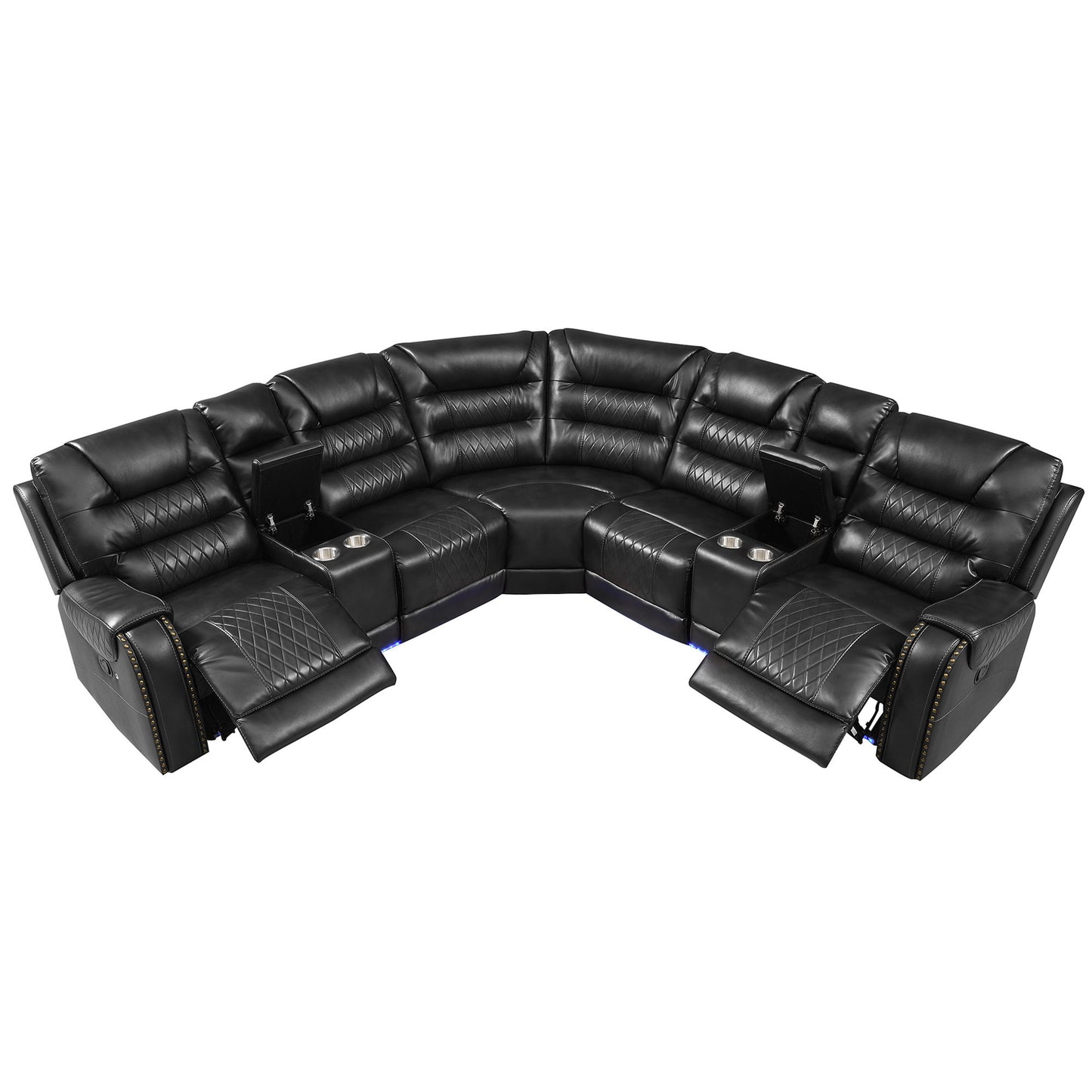 Manual Reclining Sectional Sofa Set L Shaped Symmetrical Motion Sofa Corner Couch Sets With Storage Boxes, 4 Cup Holders And LED Light Strip For Living Room - Black