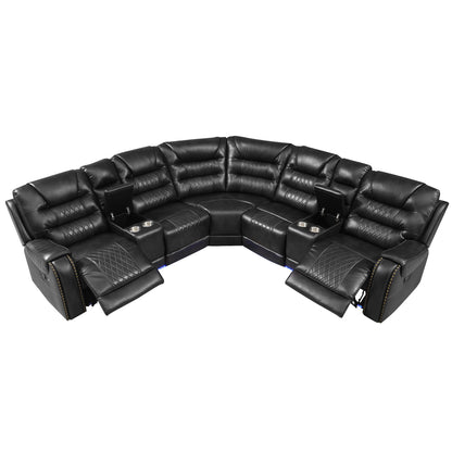 Manual Reclining Sectional Sofa Set L Shaped Symmetrical Motion Sofa Corner Couch Sets With Storage Boxes, 4 Cup Holders And LED Light Strip For Living Room - Black