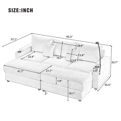 Modern Style 3 Seater Sofa Sectional Sofa Couch With Storage Space, Two Movable Ottomans, Two USB Ports, Two Cup Holders, A Phone Holder For Living Room - Beige