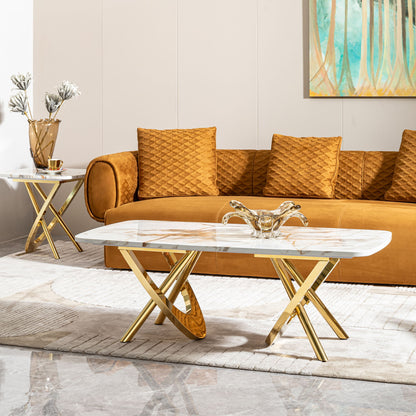 Elegant Stainless Steel Coffee Table With Marble Pattern For Living Room & Office - Gold