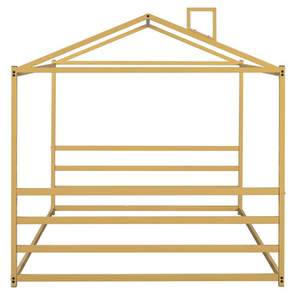 Queen Metal House Shape Platform Bed - Gold