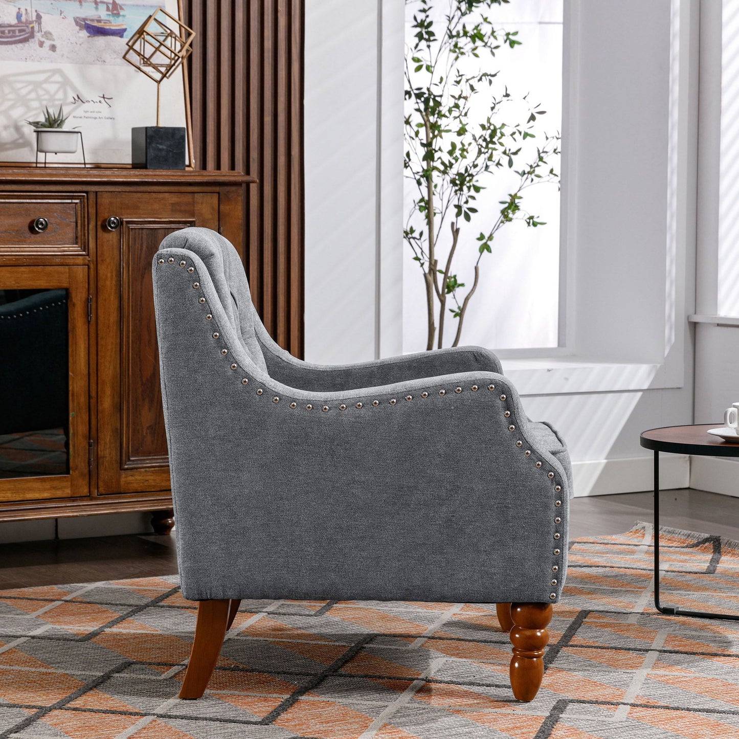 Accent Chair, Living Room Chair, Footrest Chair Set With Vintage Brass Studs, Button Tufted Upholstered Armchair For Living Room, Comfy Reading Chair For Bedroom, Reception Room - Gray