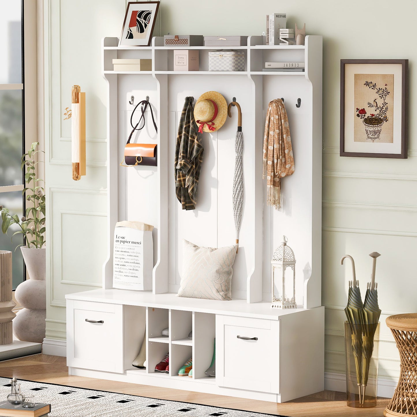 5 In 1 Entryway Bench With Coat Rack, 7 Sturdy Hooks, 2 Spacious Drawers And Adjustable Shelves, Wide Hall Tree With Metal Handles For Hallway - White