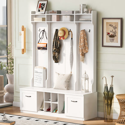 5 In 1 Entryway Bench With Coat Rack, 7 Sturdy Hooks, 2 Spacious Drawers And Adjustable Shelves, Wide Hall Tree With Metal Handles For Hallway - White