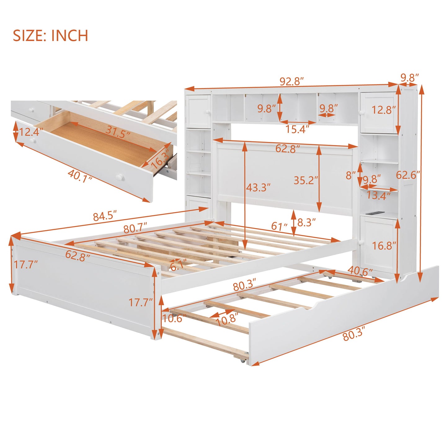 Queen Size Bed With All In One Cabinet, Shelf And Sockets, Twin Long Trundle - White