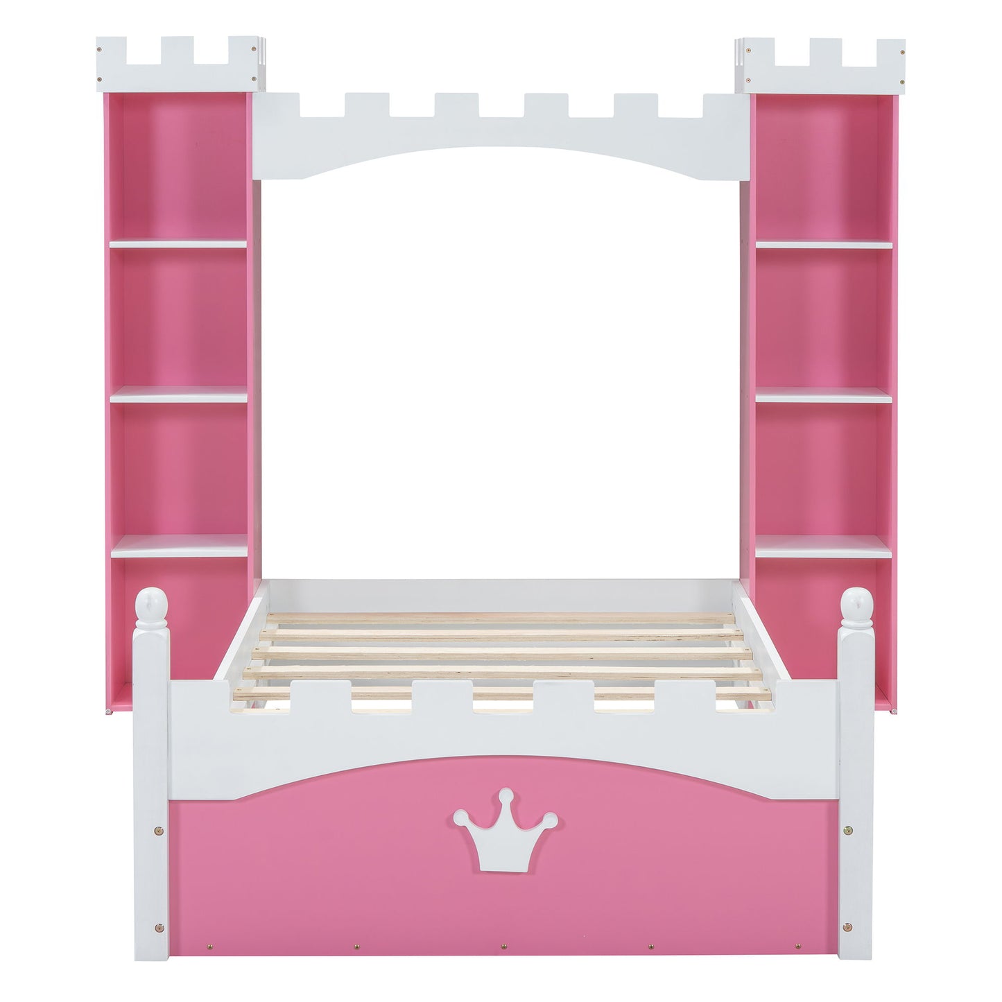 Castle Shaped Bed With Storage Shelf, Dreamy Twin Size Platform Bed For Kids Bedroom - Pink / White