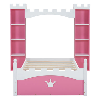 Castle Shaped Bed With Storage Shelf, Dreamy Twin Size Platform Bed For Kids Bedroom - Pink / White