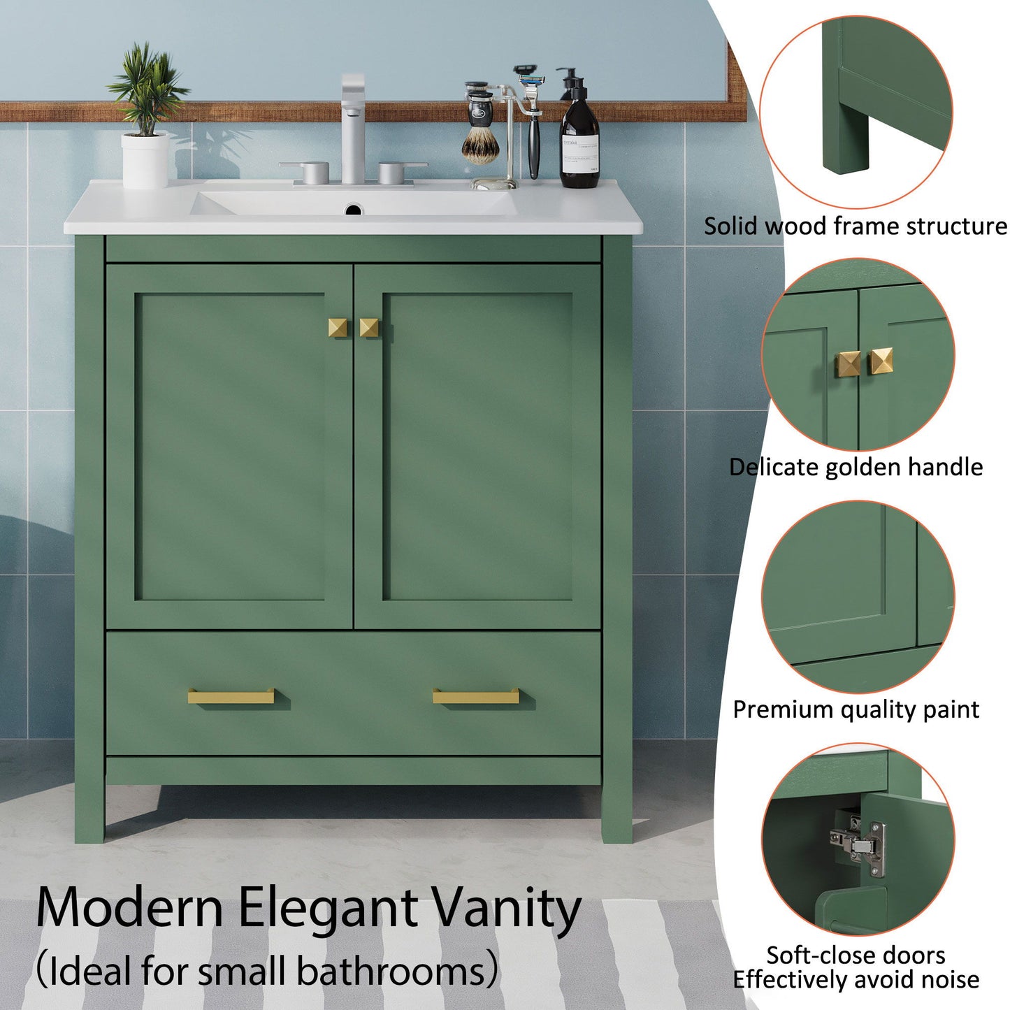 Bathroom Vanity With Single Sink, Combination Under Counter Sink, Bathroom Storage Cabinet With 2 Doors And A Drawer, Soft Closure, Multifunctional Storage - Green