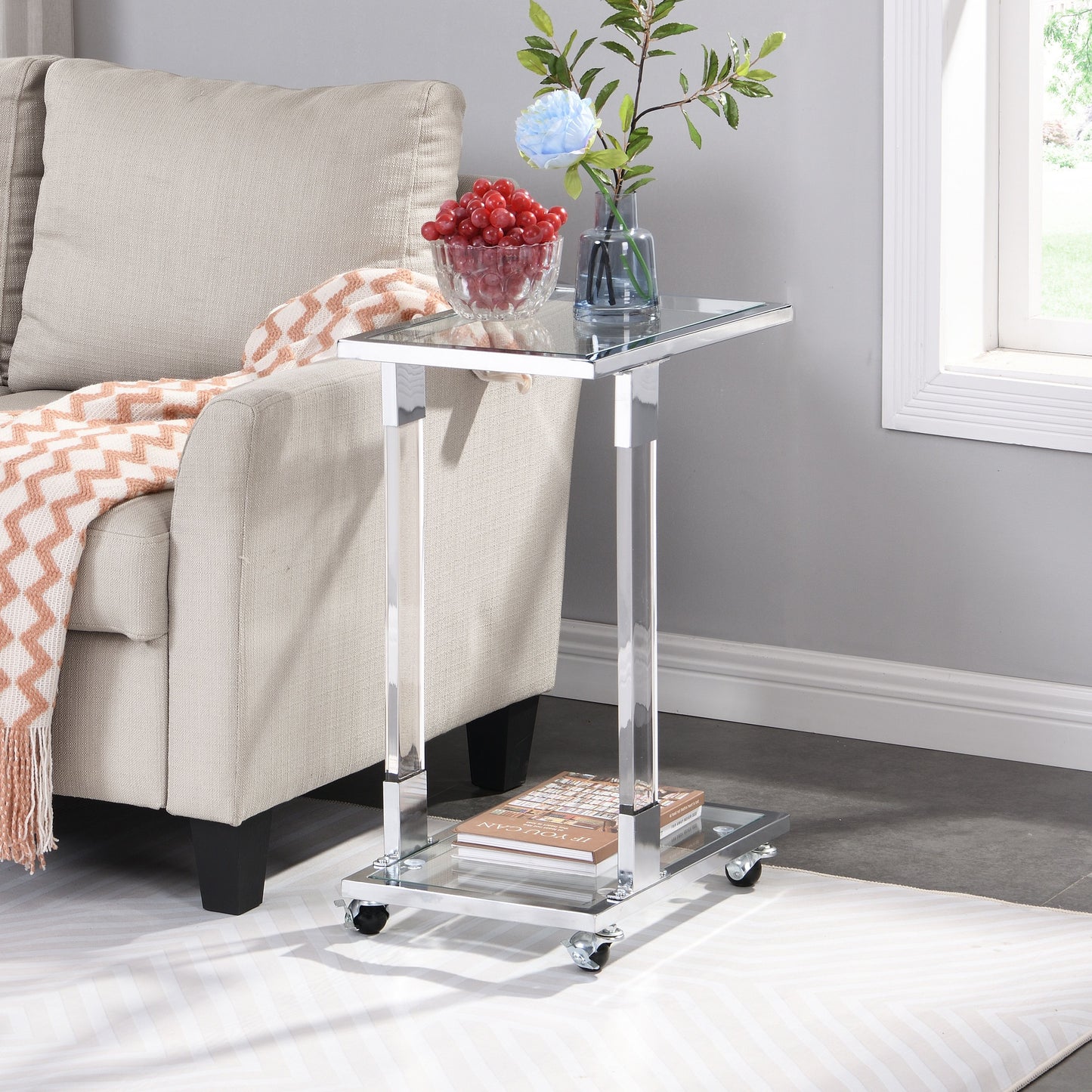 Glass Side Table, Acrylic End Table, Glass Top C Shape Square Table With Metal Base For Living Room, Bedroom, Balcony Home And Office - Chrome