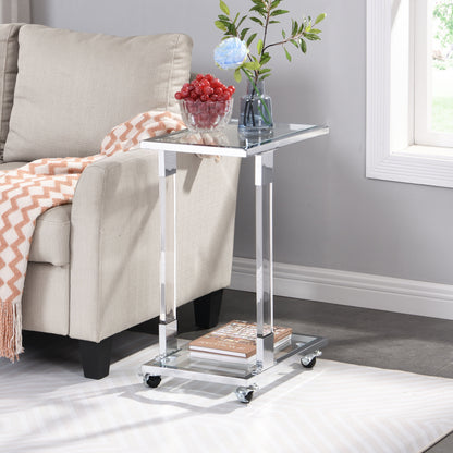 Glass Side Table, Acrylic End Table, Glass Top C Shape Square Table With Metal Base For Living Room, Bedroom, Balcony Home And Office - Chrome