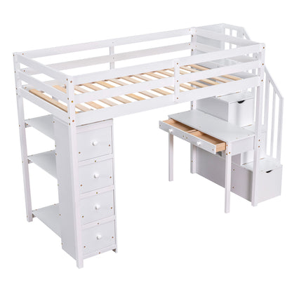 Twin Size Loft Bed With Storage Drawers, Desk And Stairs With Shelves - White