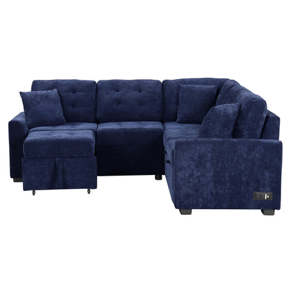 L-Shape Sofa Bed Pull-Out Sleeper Sofa With Wheels, USB Ports, Power Sockets For Living Room - Navy Blue