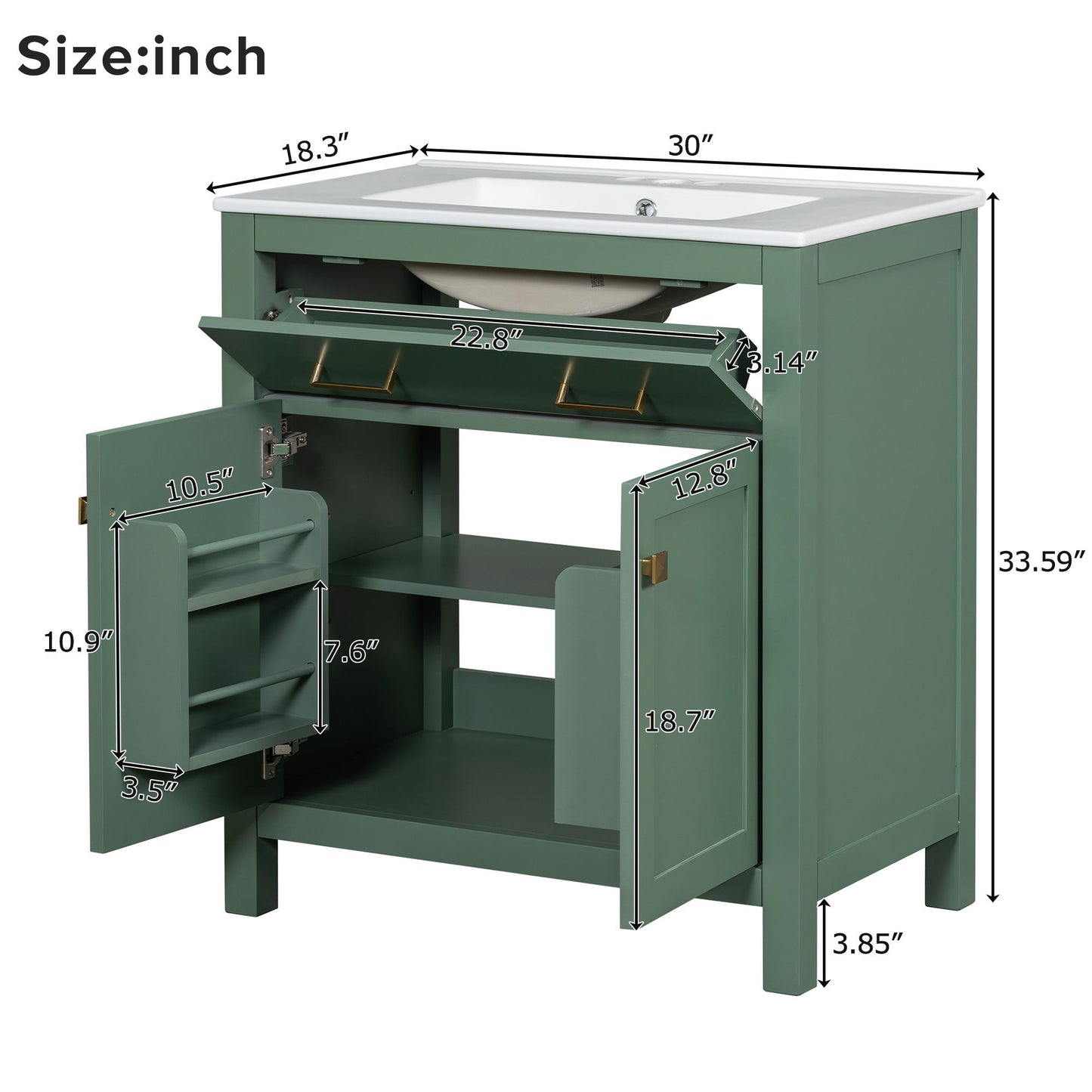 Bathroom Vanity With Ceramic Sink, Modern Single Bathroom Cabinet With 2 Doors And A Shelf, Soft Close Doors - Green