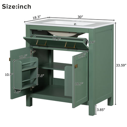 Bathroom Vanity With Ceramic Sink, Modern Single Bathroom Cabinet With 2 Doors And A Shelf, Soft Close Doors - Green