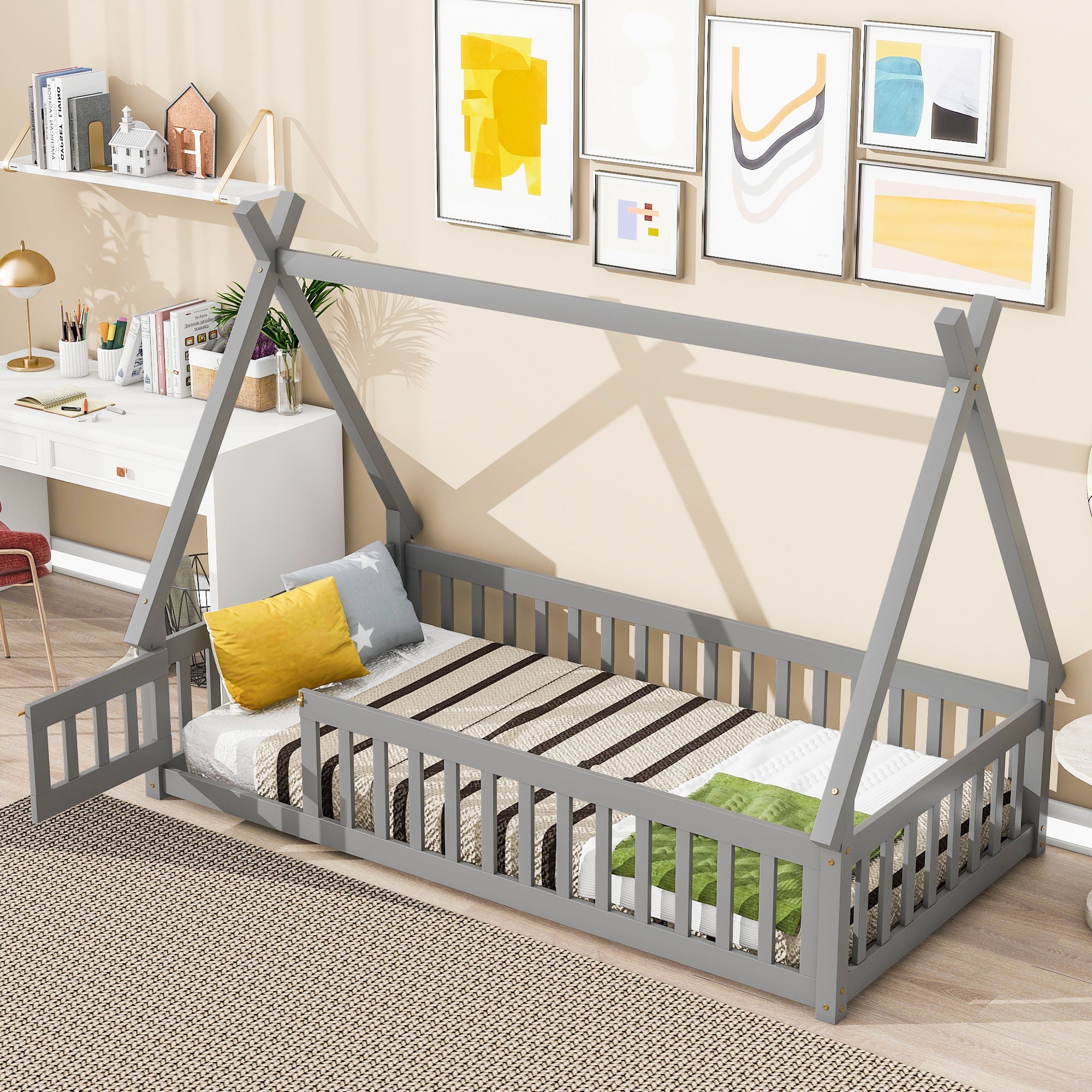 Twin Tent-Shaped Floor Bed, With Guardrails, Slats, Door - Gray