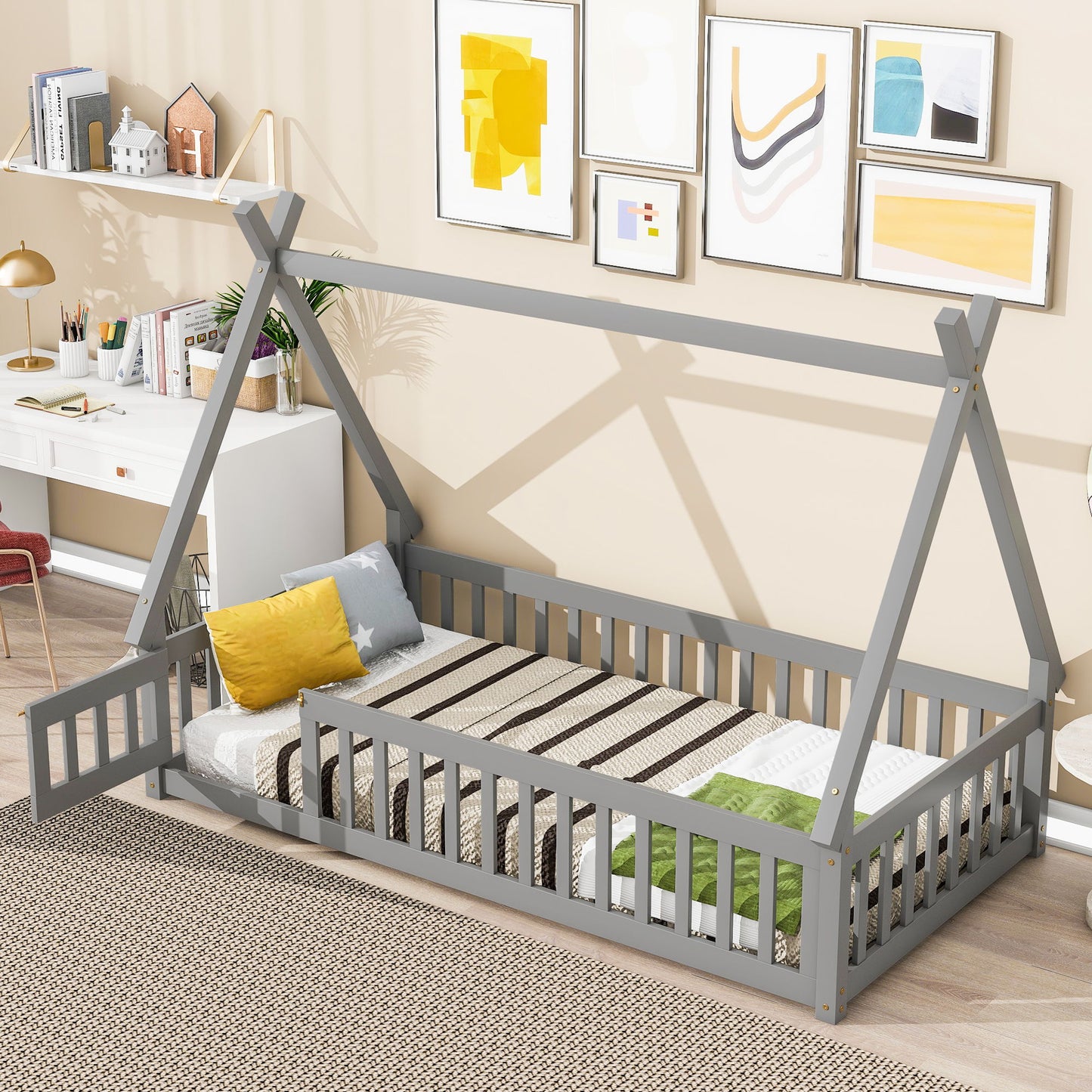 Twin Tent-Shaped Floor Bed, With Guardrails, Slats, Door - Gray