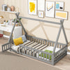 Twin Tent-Shaped Floor Bed, With Guardrails, Slats, Door - Gray