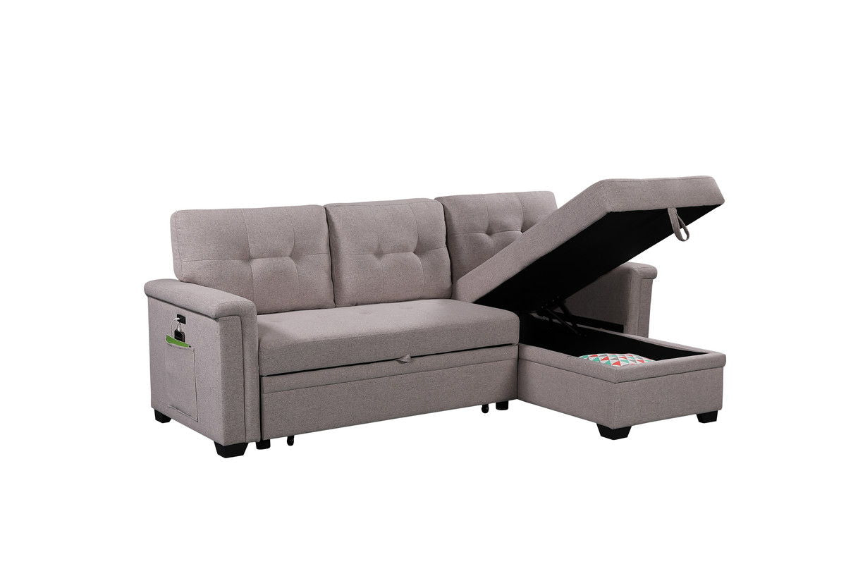 Nathan - Reversible Sleeper Sectional Sofa With Storage Chaise, USB Charging Ports And Pocket - Light Gray