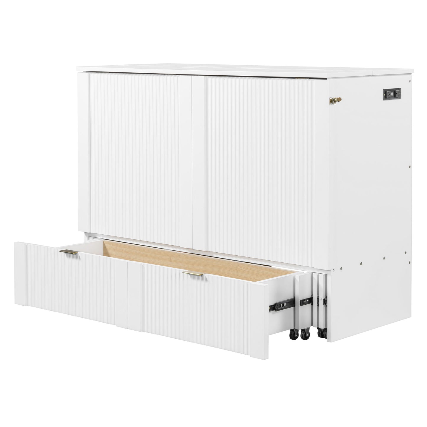Full Size Murphy Bed With Drawer And A Set Of Sockets & USB Ports, Pulley Structure Design - White