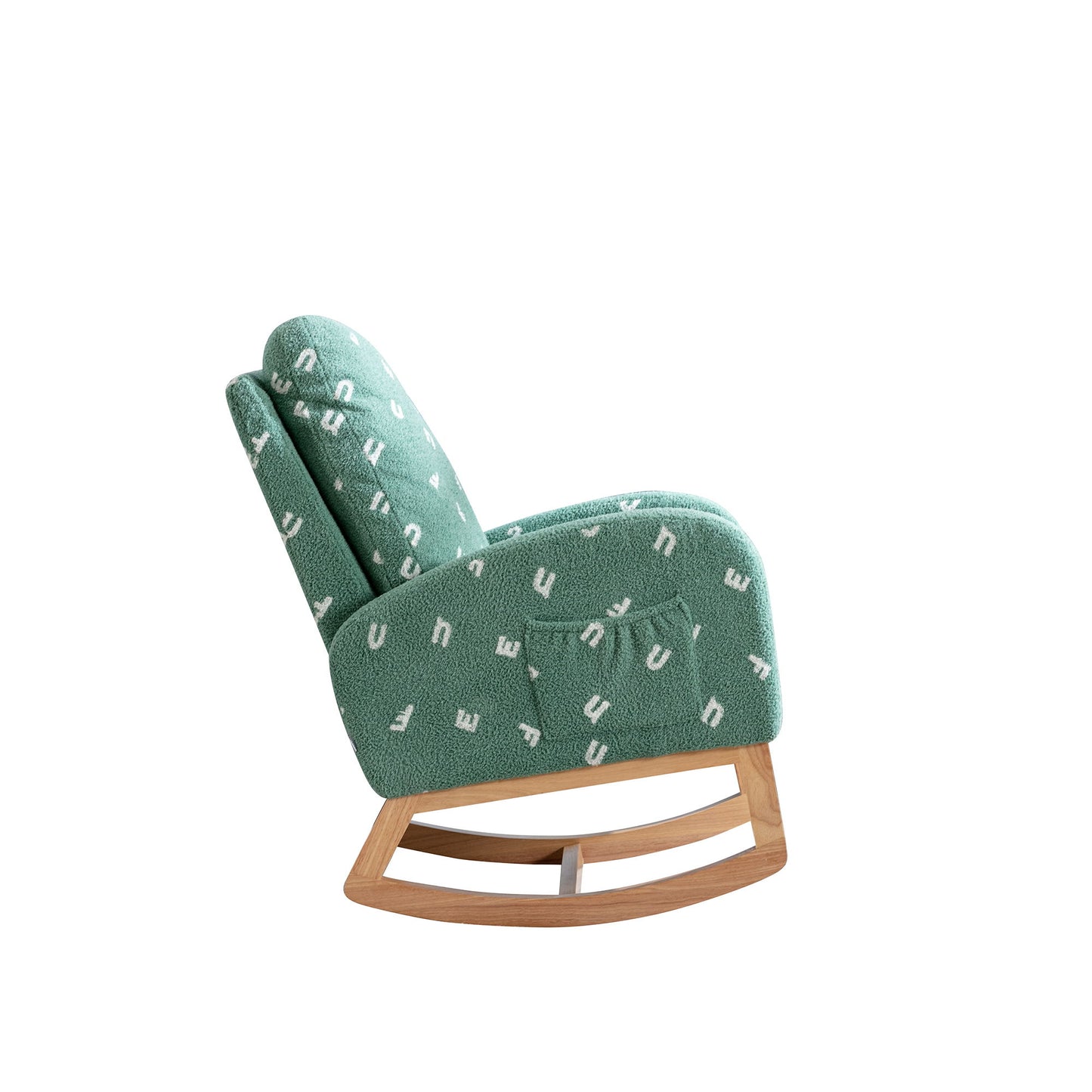 Modern Rocking Chair For Nursery, Mid Century Accent Rocker Armchair With Side Pocket, Upholstered High Back Wooden Rocking Chair For Living Room - Green