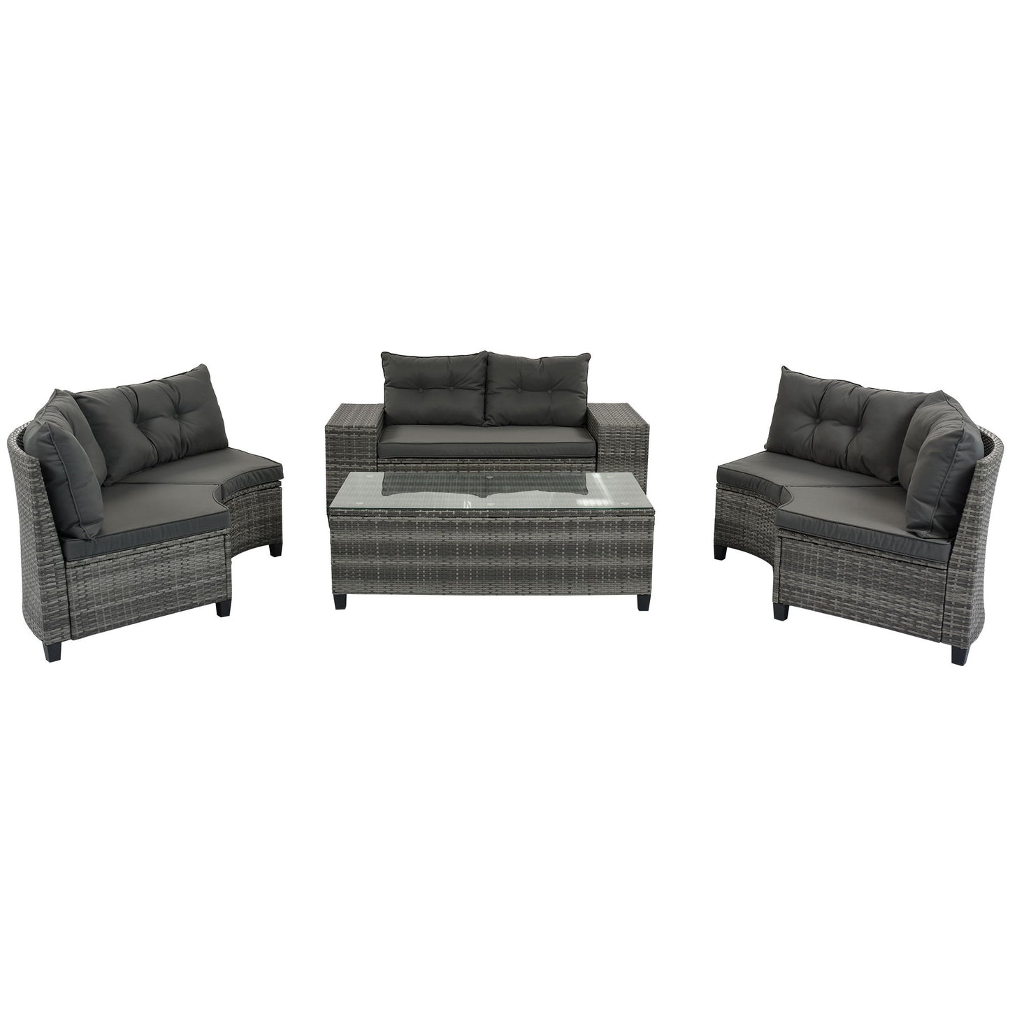 8 Pieces Outdoor Wicker Round Sofa Set, Half-Moon Sectional Sets All Weather, Curved Sofa Set With Rectangular Coffee Table, PE Rattan Water-Resistant And UV Protected, Movable Cushion - Gray