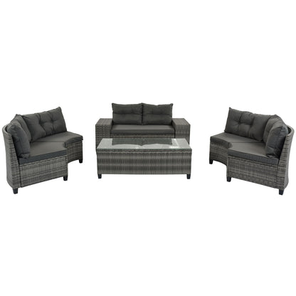 8 Pieces Outdoor Wicker Round Sofa Set, Half-Moon Sectional Sets All Weather, Curved Sofa Set With Rectangular Coffee Table, PE Rattan Water-Resistant And UV Protected, Movable Cushion - Gray